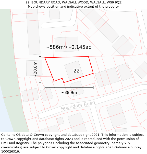 22, BOUNDARY ROAD, WALSALL WOOD, WALSALL, WS9 9QZ: Plot and title map