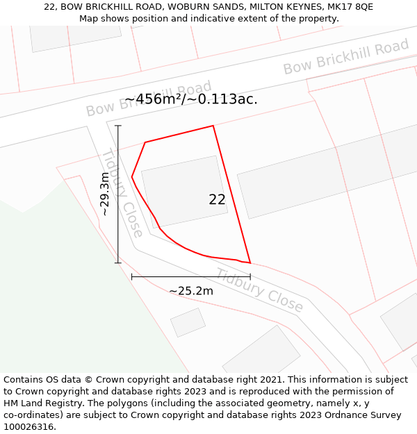 22, BOW BRICKHILL ROAD, WOBURN SANDS, MILTON KEYNES, MK17 8QE: Plot and title map