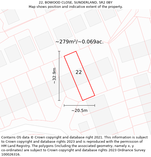 22, BOWOOD CLOSE, SUNDERLAND, SR2 0BY: Plot and title map