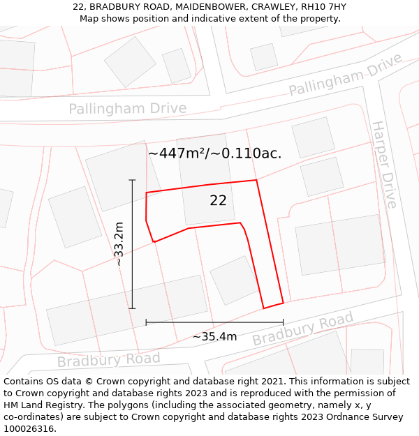 22, BRADBURY ROAD, MAIDENBOWER, CRAWLEY, RH10 7HY: Plot and title map