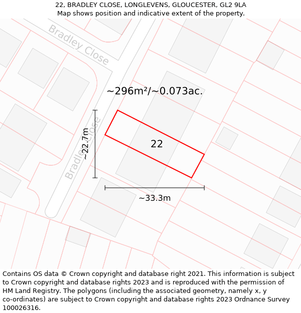 22, BRADLEY CLOSE, LONGLEVENS, GLOUCESTER, GL2 9LA: Plot and title map