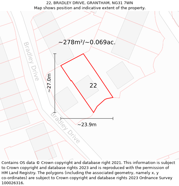 22, BRADLEY DRIVE, GRANTHAM, NG31 7WN: Plot and title map