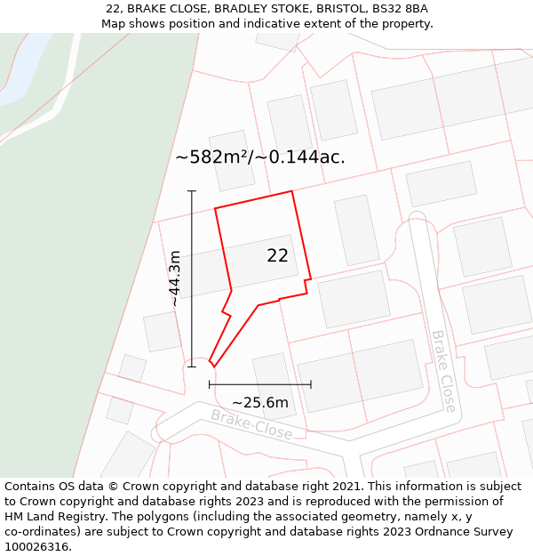 22, BRAKE CLOSE, BRADLEY STOKE, BRISTOL, BS32 8BA: Plot and title map