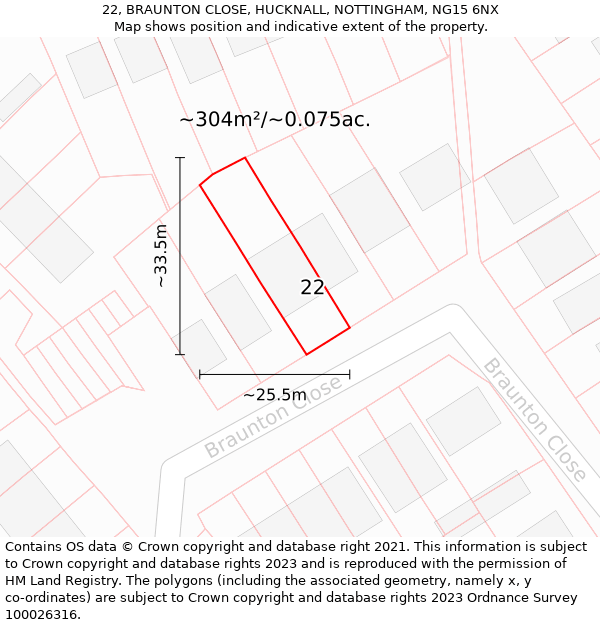 22, BRAUNTON CLOSE, HUCKNALL, NOTTINGHAM, NG15 6NX: Plot and title map