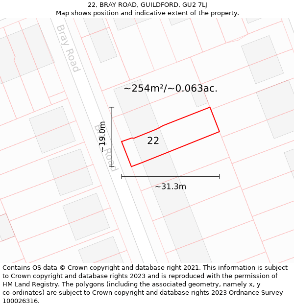 22, BRAY ROAD, GUILDFORD, GU2 7LJ: Plot and title map