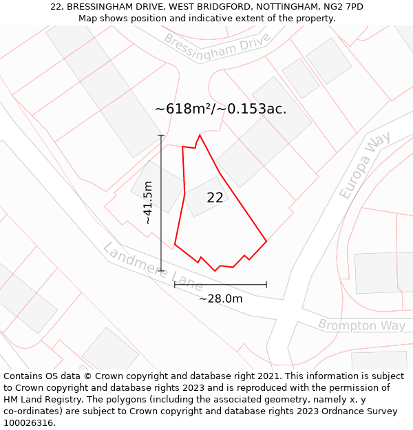 22, BRESSINGHAM DRIVE, WEST BRIDGFORD, NOTTINGHAM, NG2 7PD: Plot and title map