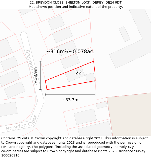 22, BREYDON CLOSE, SHELTON LOCK, DERBY, DE24 9DT: Plot and title map