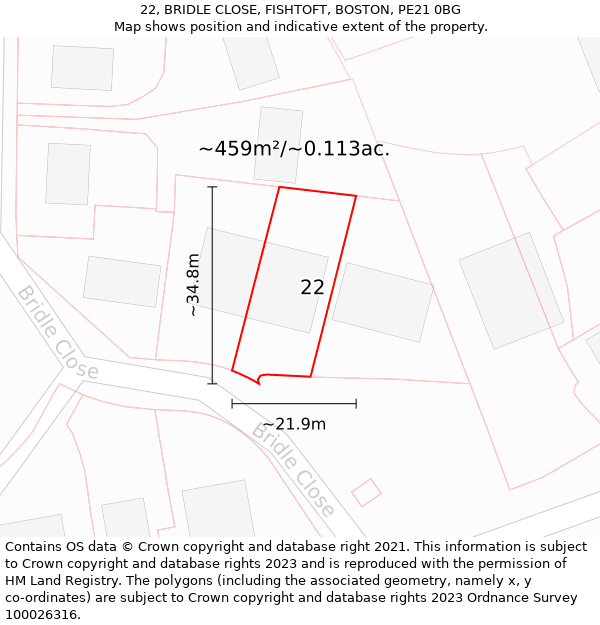 22, BRIDLE CLOSE, FISHTOFT, BOSTON, PE21 0BG: Plot and title map