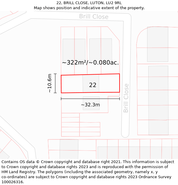 22, BRILL CLOSE, LUTON, LU2 9RL: Plot and title map