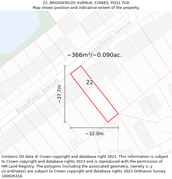 22, BROADFIELDS AVENUE, COWES, PO31 7UD: Plot and title map