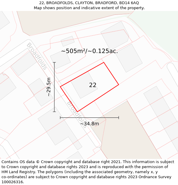 22, BROADFOLDS, CLAYTON, BRADFORD, BD14 6AQ: Plot and title map