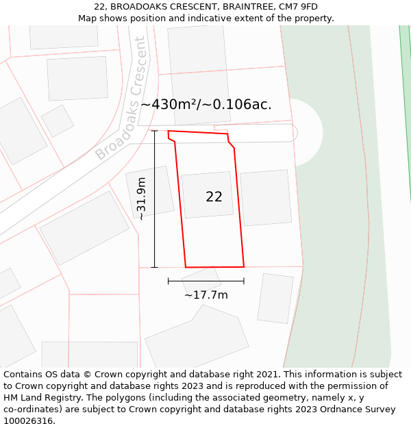 22, BROADOAKS CRESCENT, BRAINTREE, CM7 9FD: Plot and title map