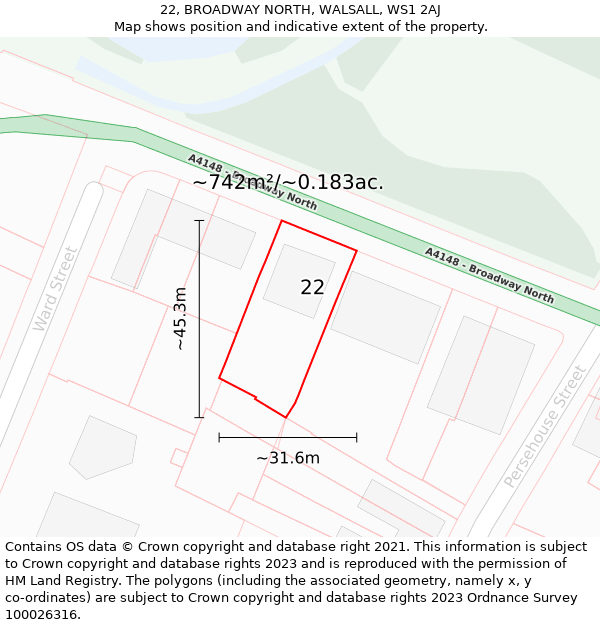 22, BROADWAY NORTH, WALSALL, WS1 2AJ: Plot and title map