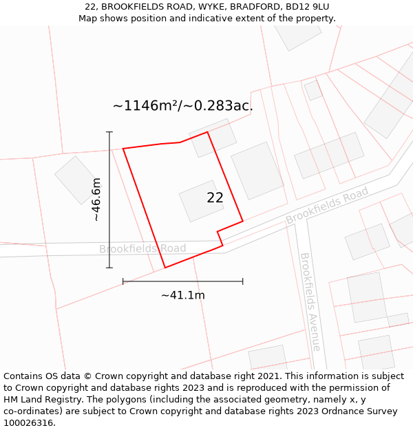 22, BROOKFIELDS ROAD, WYKE, BRADFORD, BD12 9LU: Plot and title map