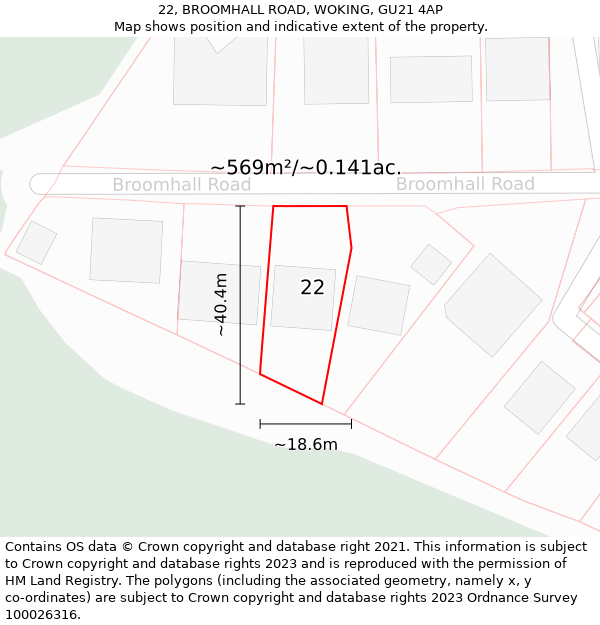 22, BROOMHALL ROAD, WOKING, GU21 4AP: Plot and title map