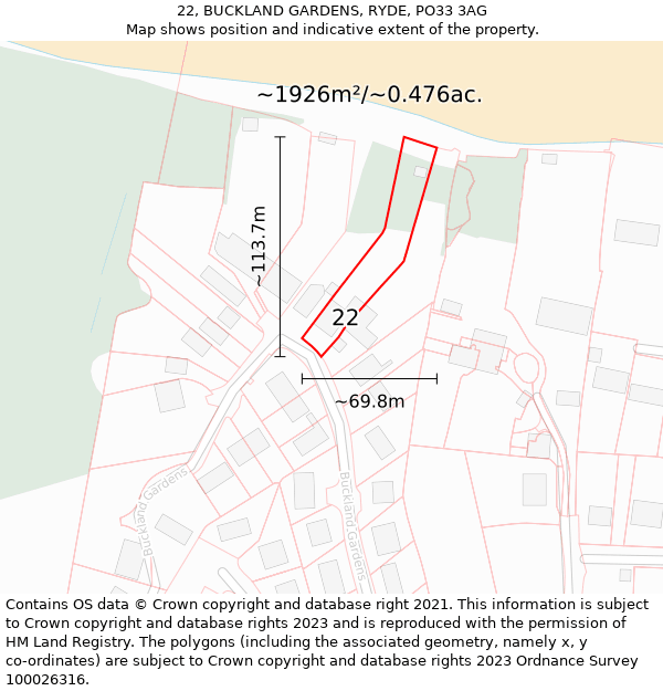 22, BUCKLAND GARDENS, RYDE, PO33 3AG: Plot and title map