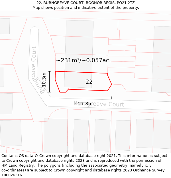 22, BURNGREAVE COURT, BOGNOR REGIS, PO21 2TZ: Plot and title map