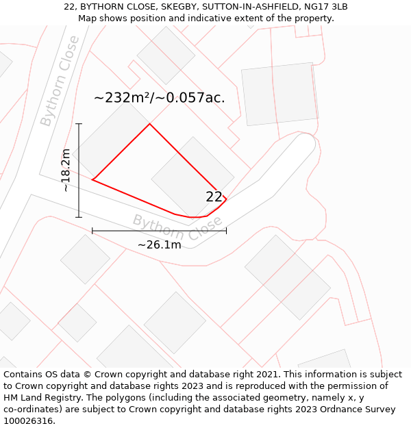 22, BYTHORN CLOSE, SKEGBY, SUTTON-IN-ASHFIELD, NG17 3LB: Plot and title map