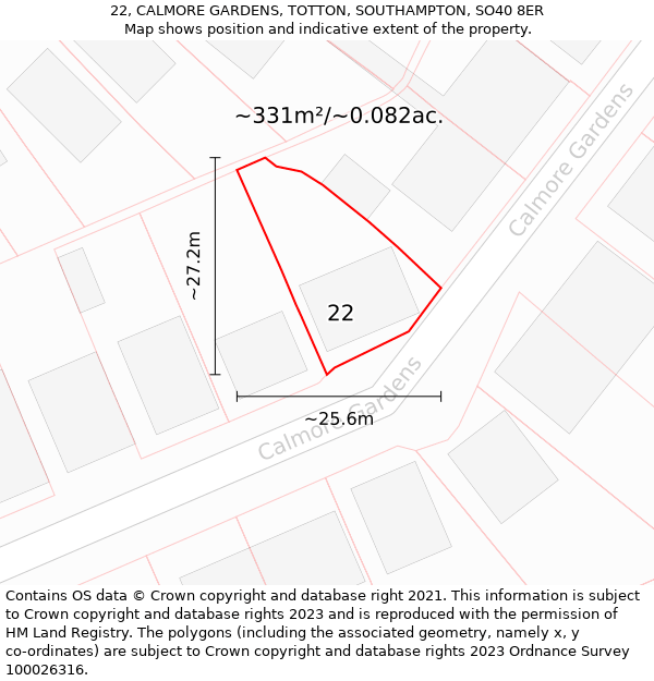 22, CALMORE GARDENS, TOTTON, SOUTHAMPTON, SO40 8ER: Plot and title map