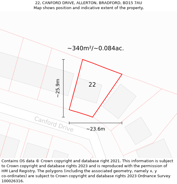 22, CANFORD DRIVE, ALLERTON, BRADFORD, BD15 7AU: Plot and title map