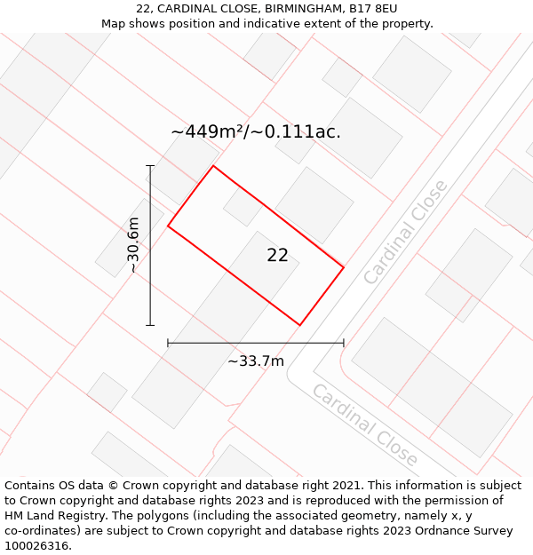 22, CARDINAL CLOSE, BIRMINGHAM, B17 8EU: Plot and title map