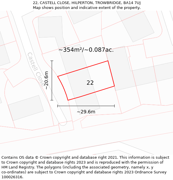 22, CASTELL CLOSE, HILPERTON, TROWBRIDGE, BA14 7UJ: Plot and title map