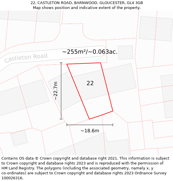 22, CASTLETON ROAD, BARNWOOD, GLOUCESTER, GL4 3GB: Plot and title map