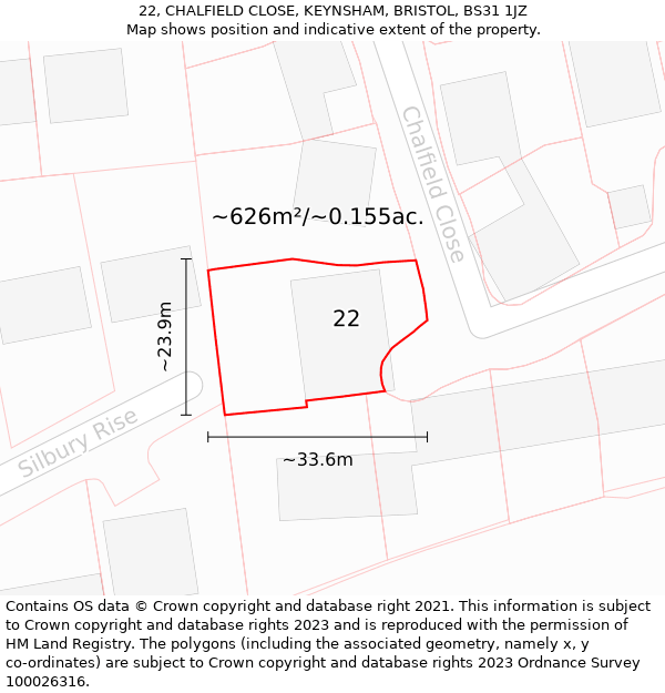 22, CHALFIELD CLOSE, KEYNSHAM, BRISTOL, BS31 1JZ: Plot and title map