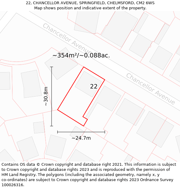 22, CHANCELLOR AVENUE, SPRINGFIELD, CHELMSFORD, CM2 6WS: Plot and title map