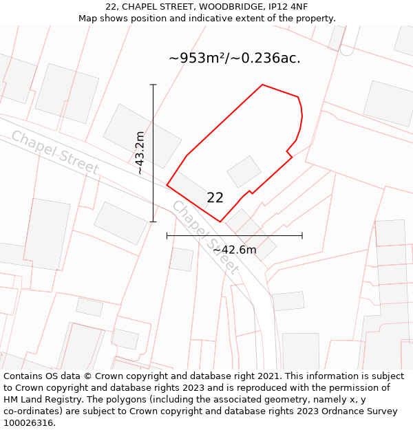 22, CHAPEL STREET, WOODBRIDGE, IP12 4NF: Plot and title map