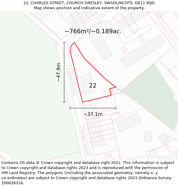 22, CHARLES STREET, CHURCH GRESLEY, SWADLINCOTE, DE11 9QD: Plot and title map