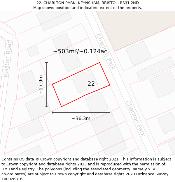 22, CHARLTON PARK, KEYNSHAM, BRISTOL, BS31 2ND: Plot and title map