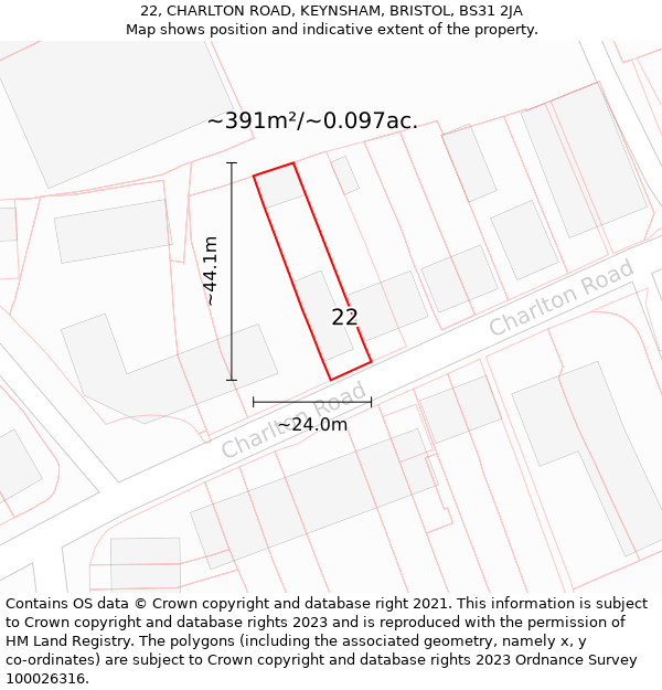 22, CHARLTON ROAD, KEYNSHAM, BRISTOL, BS31 2JA: Plot and title map