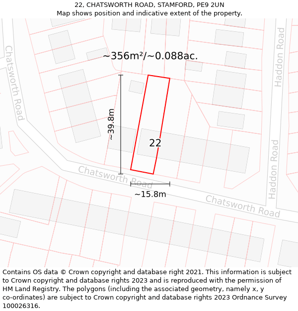 22, CHATSWORTH ROAD, STAMFORD, PE9 2UN: Plot and title map