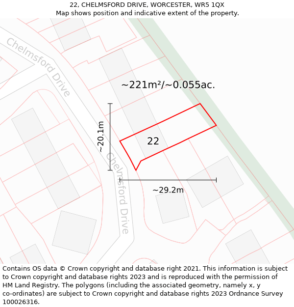 22, CHELMSFORD DRIVE, WORCESTER, WR5 1QX: Plot and title map