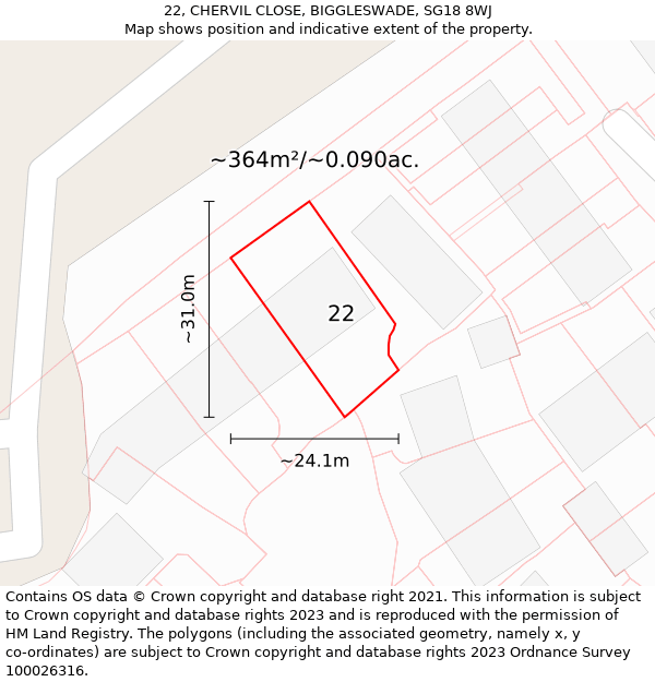 22, CHERVIL CLOSE, BIGGLESWADE, SG18 8WJ: Plot and title map