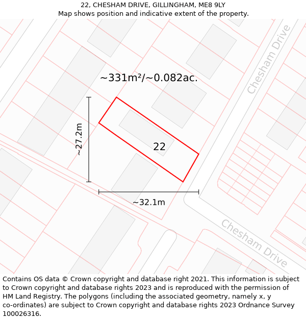 22, CHESHAM DRIVE, GILLINGHAM, ME8 9LY: Plot and title map