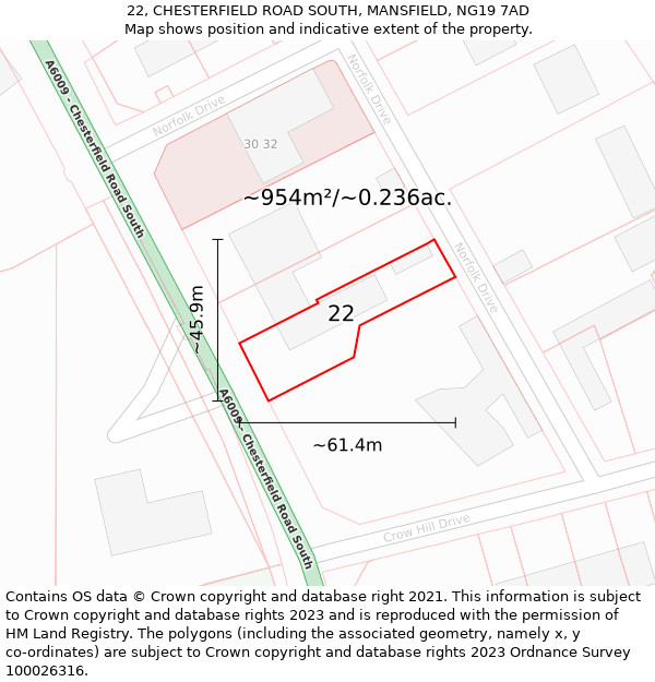 22, CHESTERFIELD ROAD SOUTH, MANSFIELD, NG19 7AD: Plot and title map