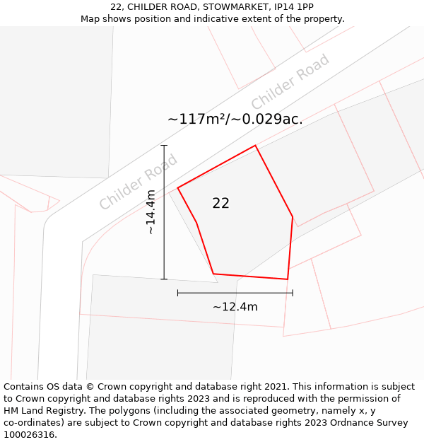 22, CHILDER ROAD, STOWMARKET, IP14 1PP: Plot and title map