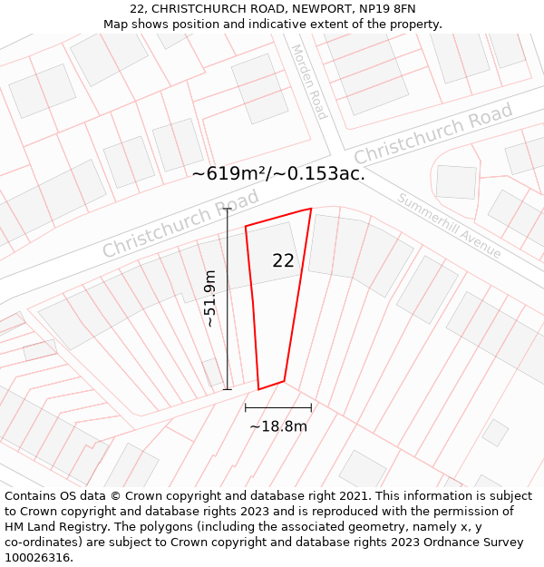 22, CHRISTCHURCH ROAD, NEWPORT, NP19 8FN: Plot and title map
