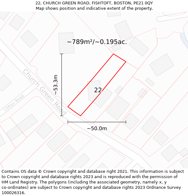 22, CHURCH GREEN ROAD, FISHTOFT, BOSTON, PE21 0QY: Plot and title map