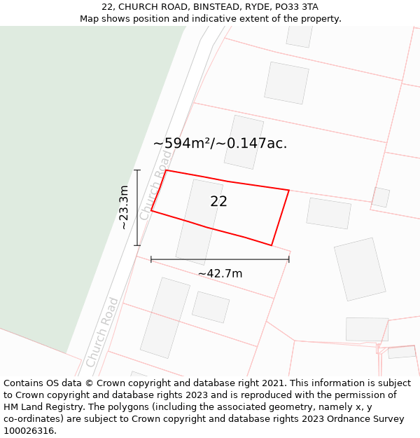 22, CHURCH ROAD, BINSTEAD, RYDE, PO33 3TA: Plot and title map