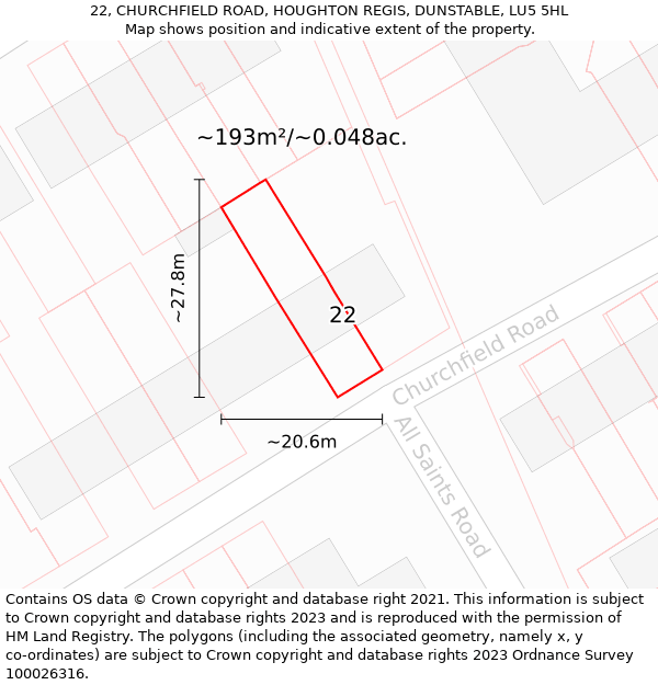 22, CHURCHFIELD ROAD, HOUGHTON REGIS, DUNSTABLE, LU5 5HL: Plot and title map