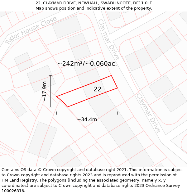 22, CLAYMAR DRIVE, NEWHALL, SWADLINCOTE, DE11 0LF: Plot and title map