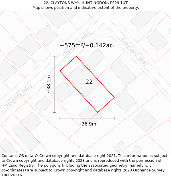 22, CLAYTONS WAY, HUNTINGDON, PE29 1UT: Plot and title map