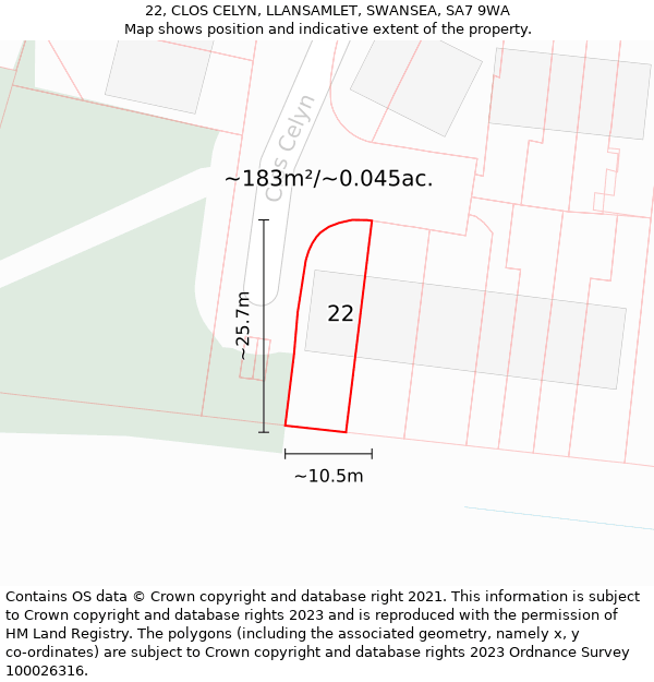 22, CLOS CELYN, LLANSAMLET, SWANSEA, SA7 9WA: Plot and title map