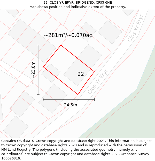 22, CLOS YR ERYR, BRIDGEND, CF35 6HE: Plot and title map