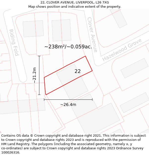 22, CLOVER AVENUE, LIVERPOOL, L26 7XG: Plot and title map
