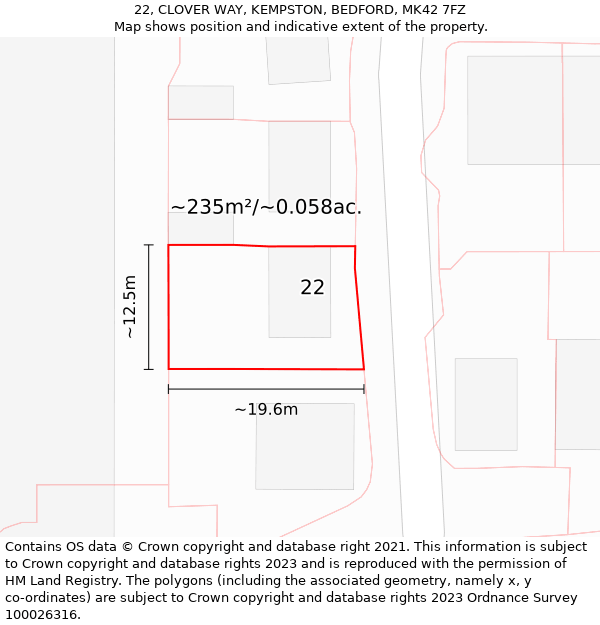 22, CLOVER WAY, KEMPSTON, BEDFORD, MK42 7FZ: Plot and title map