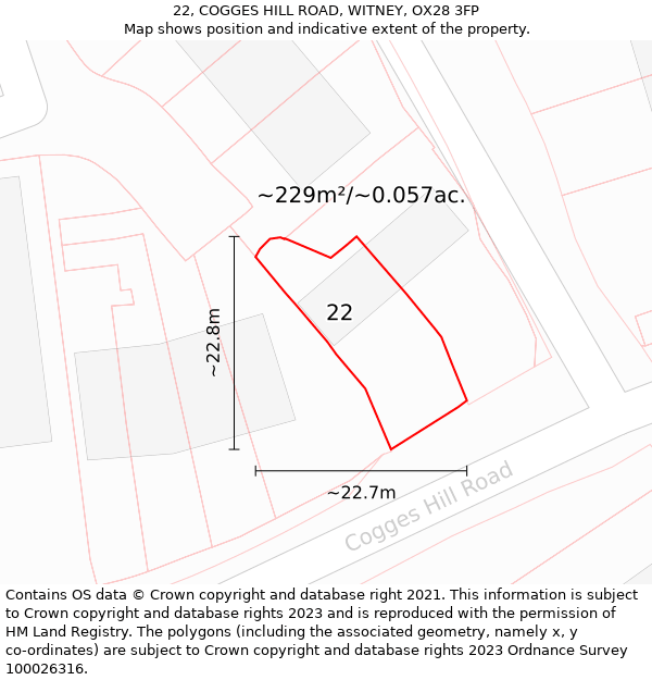 22, COGGES HILL ROAD, WITNEY, OX28 3FP: Plot and title map